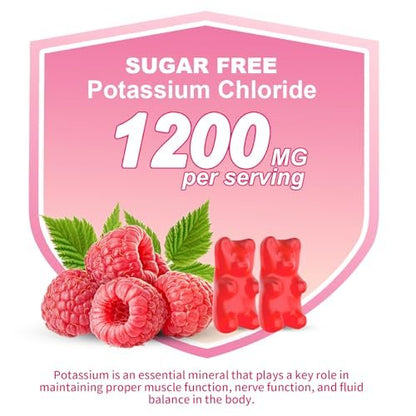 Kalium Gummibärchen, Kaliumchlorid Gummibärchen 1200 mg für Erwachsene, Zuckerfreies Kaliumpräparat gegen Beinkrämpfe und Elektrolytgleichgewicht, Himbeergeschmack, 60 Stück