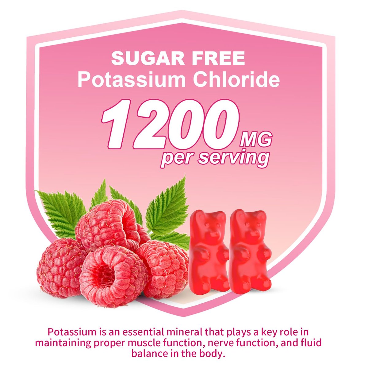 Kalium Gummibärchen, Kaliumchlorid Gummibärchen 1200 mg für Erwachsene, Zuckerfreies Kaliumpräparat gegen Beinkrämpfe und Elektrolytgleichgewicht, Himbeergeschmack, 60 Stück