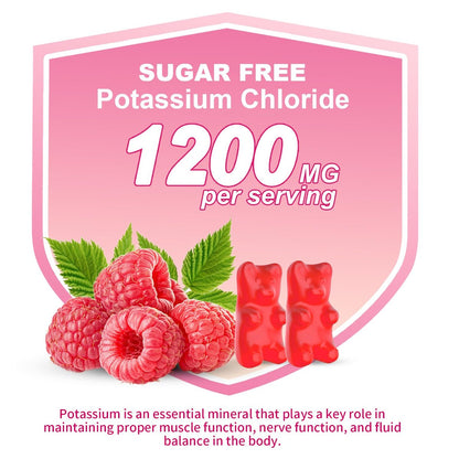 Kalium Gummibärchen, Kaliumchlorid Gummibärchen 1200 mg für Erwachsene, Zuckerfreies Kaliumpräparat gegen Beinkrämpfe und Elektrolytgleichgewicht, Himbeergeschmack, 60 Stück