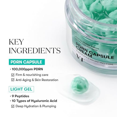 VT COSMETICS PDRN Capsule Cream 100 – Feuchtigkeitsspendende Gesichtscreme mit 100.000 ppm PDRN, Hyaluronsäure, 9 Peptiden – Straffende & polsternde Pflegecreme, Koreanische Hautpflege (1,69 fl. oz.)