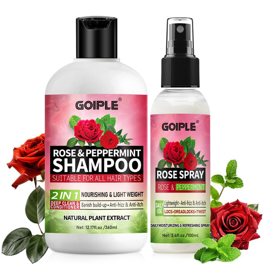 2-in-1 Shampoo & Conditioner für Dreadlocks und alle Frisuren - Glanz & Leichtigkeit mit Rosenwasser - Feuchtigkeitsspendender & erfrischender Haarspray für Dreads, Locs - Rosenwasser Shampoo & Spray Set