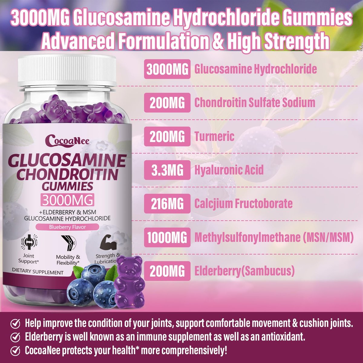 CocoaNee 2er-Pack Glucosamin Chondroitin Gummis – 3000 mg extra starke Gelenkunterstützung mit MSM & Holunderbeere, für Beweglichkeit & Immunsystem, 120 Stück