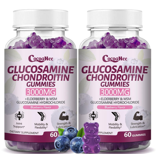 CocoaNee 2er-Pack Glucosamin Chondroitin Gummis – 3000 mg extra starke Gelenkunterstützung mit MSM & Holunderbeere, für Beweglichkeit & Immunsystem, 120 Stück