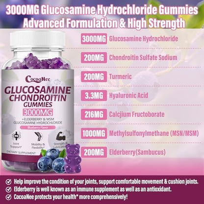 CocoaNee 2er-Pack Glucosamin Chondroitin Gummis – 3000 mg extra starke Gelenkunterstützung mit MSM & Holunderbeere, für Beweglichkeit & Immunsystem, 120 Stück