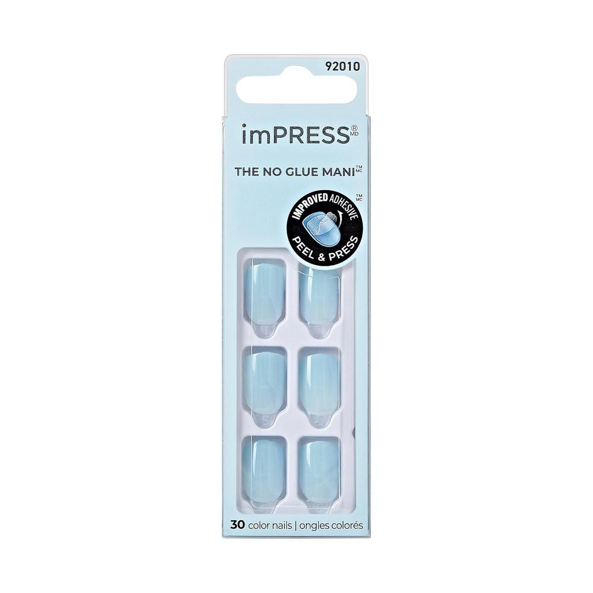 KISS imPRESS Press-On Maniküre – Fake Nägel in Cloud Blue, Kurze Länge, Squoval-Form, Nagellackfreie Volltonfarbe, inklusive Prep Pad, Mini-Feile, Manikürestab und 30 Fake Nägel