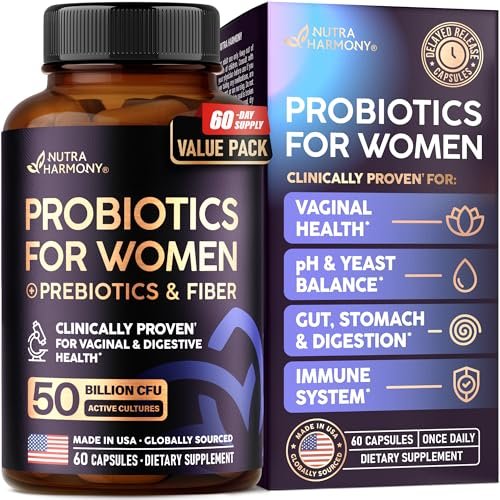 Probiotika für Frauen 50 Milliarden KBE - Vaginale Probiotika klinisch erwiesen für Hefe- & pH-Gleichgewicht - Verdauung & Blähungen Linderung - 8 Stämme + Präbiotika - Verzögerte Freisetzung - Laborgeprüft, 60 Kapseln