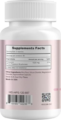 Heivy Kaliumpräparat 1020 mg, Kaliumbicarbonat, unterstützt Elektrolytgleichgewicht, Muskelfunktion & Herzgesundheit, hergestellt in USA, glutenfrei, nicht-GVO, 120 vegane Kapseln