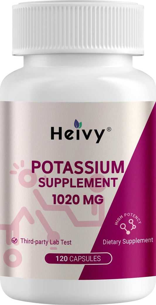 Heivy Kaliumpräparat 1020 mg, Kaliumbicarbonat, unterstützt Elektrolytgleichgewicht, Muskelfunktion & Herzgesundheit, hergestellt in USA, glutenfrei, nicht-GVO, 120 vegane Kapseln