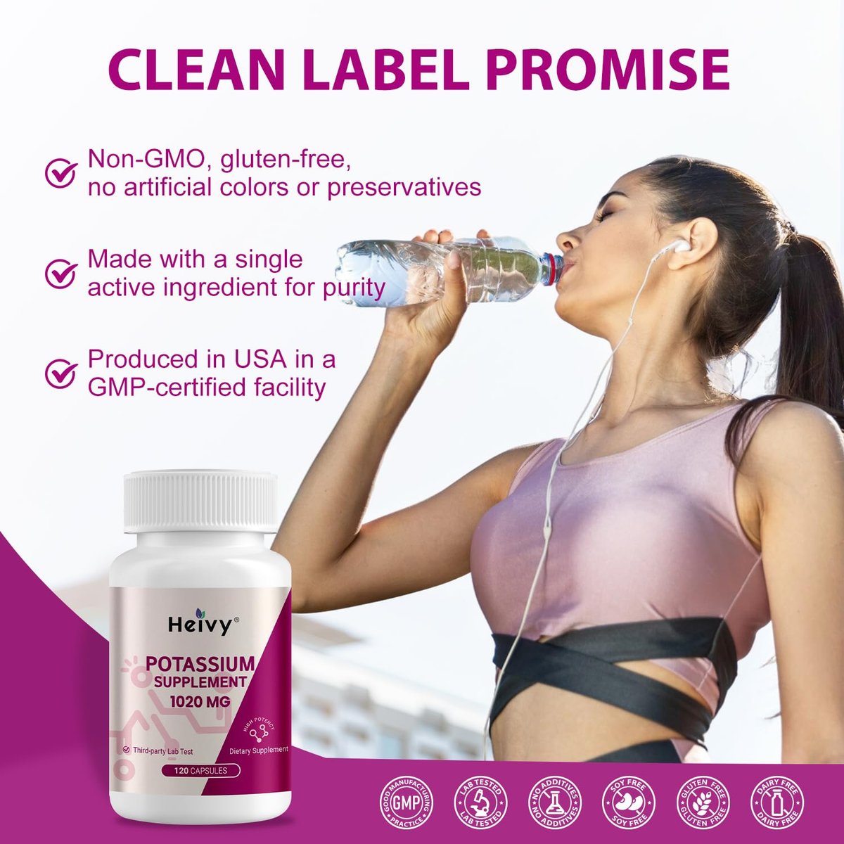 Heivy Kaliumpräparat 1020 mg, Kaliumbicarbonat, unterstützt Elektrolytgleichgewicht, Muskelfunktion & Herzgesundheit, hergestellt in USA, glutenfrei, nicht-GVO, 120 vegane Kapseln
