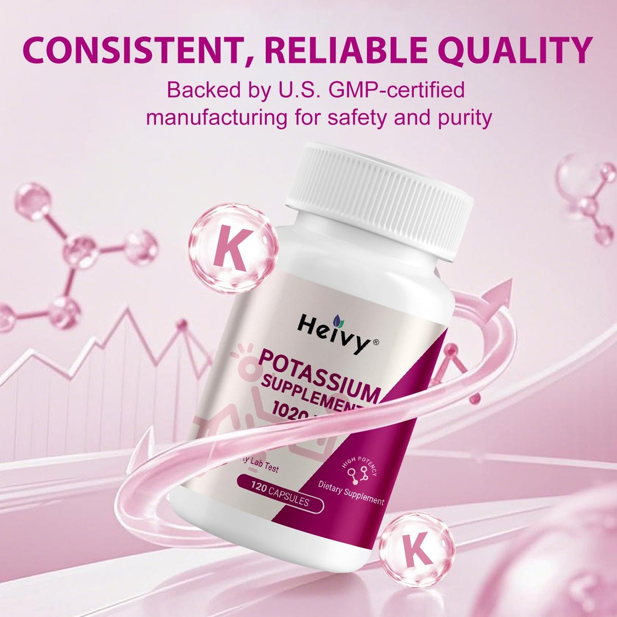 Heivy Kaliumpräparat 1020 mg, Kaliumbicarbonat, unterstützt Elektrolytgleichgewicht, Muskelfunktion & Herzgesundheit, hergestellt in USA, glutenfrei, nicht-GVO, 120 vegane Kapseln