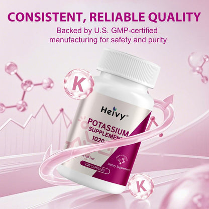 Heivy Kaliumpräparat 1020 mg, Kaliumbicarbonat, unterstützt Elektrolytgleichgewicht, Muskelfunktion & Herzgesundheit, hergestellt in USA, glutenfrei, nicht-GVO, 120 vegane Kapseln