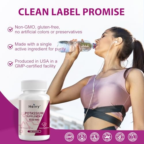 Heivy Kaliumpräparat 1020 mg, Kaliumbicarbonat, unterstützt Elektrolytgleichgewicht, Muskelfunktion & Herzgesundheit, hergestellt in USA, glutenfrei, nicht-GVO, 120 vegane Kapseln
