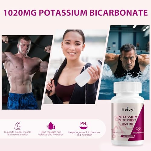 Heivy Kaliumpräparat 1020 mg, Kaliumbicarbonat, unterstützt Elektrolytgleichgewicht, Muskelfunktion & Herzgesundheit, hergestellt in USA, glutenfrei, nicht-GVO, 120 vegane Kapseln