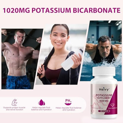 Heivy Kaliumpräparat 1020 mg, Kaliumbicarbonat, unterstützt Elektrolytgleichgewicht, Muskelfunktion & Herzgesundheit, hergestellt in USA, glutenfrei, nicht-GVO, 120 vegane Kapseln