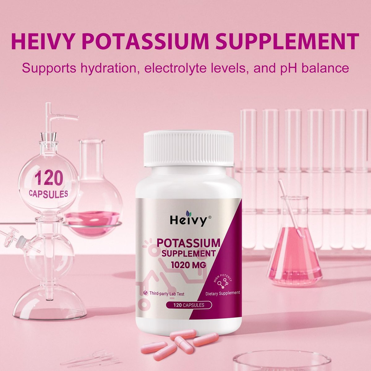 Heivy Kaliumpräparat 1020 mg, Kaliumbicarbonat, unterstützt Elektrolytgleichgewicht, Muskelfunktion & Herzgesundheit, hergestellt in USA, glutenfrei, nicht-GVO, 120 vegane Kapseln