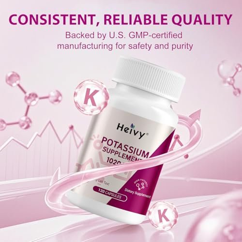 Heivy Kaliumpräparat 1020 mg, Kaliumbicarbonat, unterstützt Elektrolytgleichgewicht, Muskelfunktion & Herzgesundheit, hergestellt in USA, glutenfrei, nicht-GVO, 120 vegane Kapseln