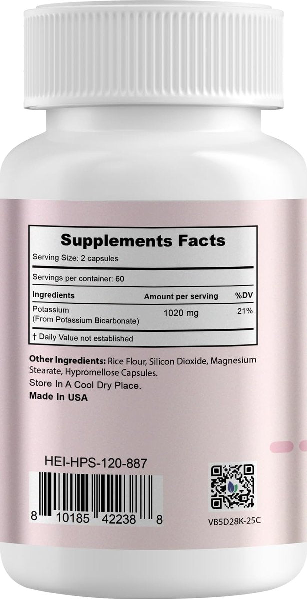 Heivy Kaliumpräparat 1020 mg, Kaliumbicarbonat, unterstützt Elektrolytgleichgewicht, Muskelfunktion & Herzgesundheit, hergestellt in USA, glutenfrei, nicht-GVO, 120 vegane Kapseln
