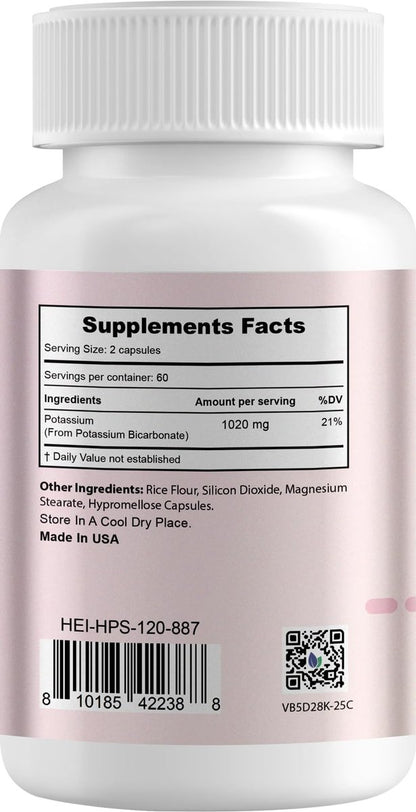 Heivy Kaliumpräparat 1020 mg, Kaliumbicarbonat, unterstützt Elektrolytgleichgewicht, Muskelfunktion & Herzgesundheit, hergestellt in USA, glutenfrei, nicht-GVO, 120 vegane Kapseln