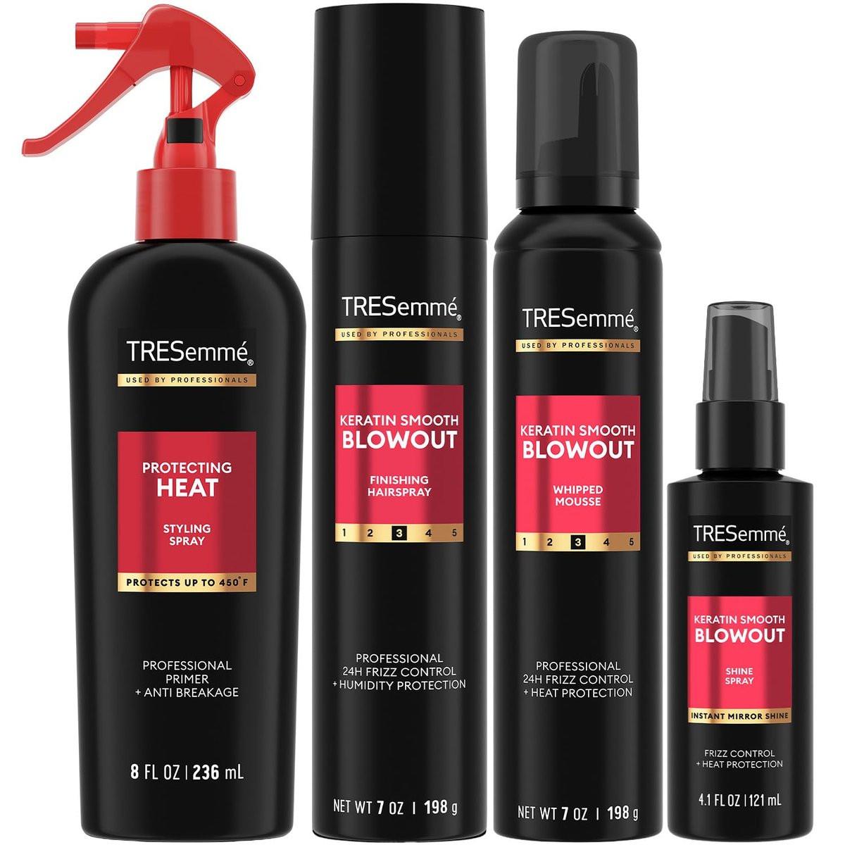 TRESemmé Keratin Smooth Blowout Haarstyling Set – Mousse + Finishing Spray & Hitzeschutzspray, Frizz-Kontrolle