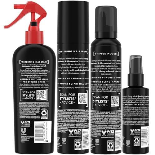 TRESemmé Keratin Smooth Blowout Haarstyling Set – Mousse + Finishing Spray & Hitzeschutzspray, Frizz-Kontrolle