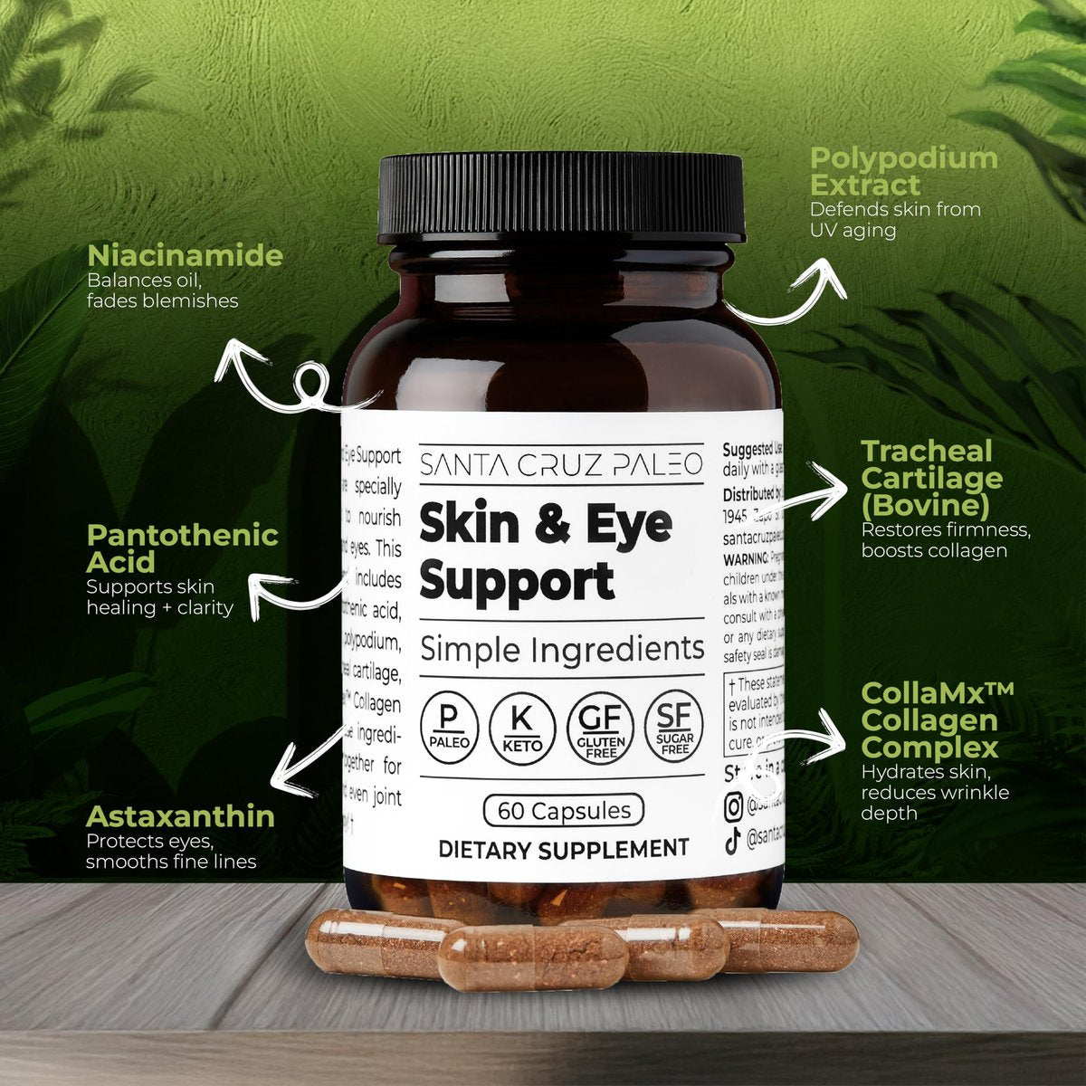 Santa Cruz Paleo Haut- & Augen-Kapseln, Tägliche Formel für Hautbild & Augenpflege, Saubere Inhaltsstoffe, Glutenfrei, Keto & Paleo Freundlich, 60 Kapseln