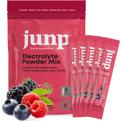 JUNP Zuckerfreie Elektrolyt-Pulver-Päckchen für Wasser – Sofortige Hydratation mit Salz & Kalium, Null Kalorien, Kein Zucker, Keto-freundlich, Wilde Beere, 5er-Pack