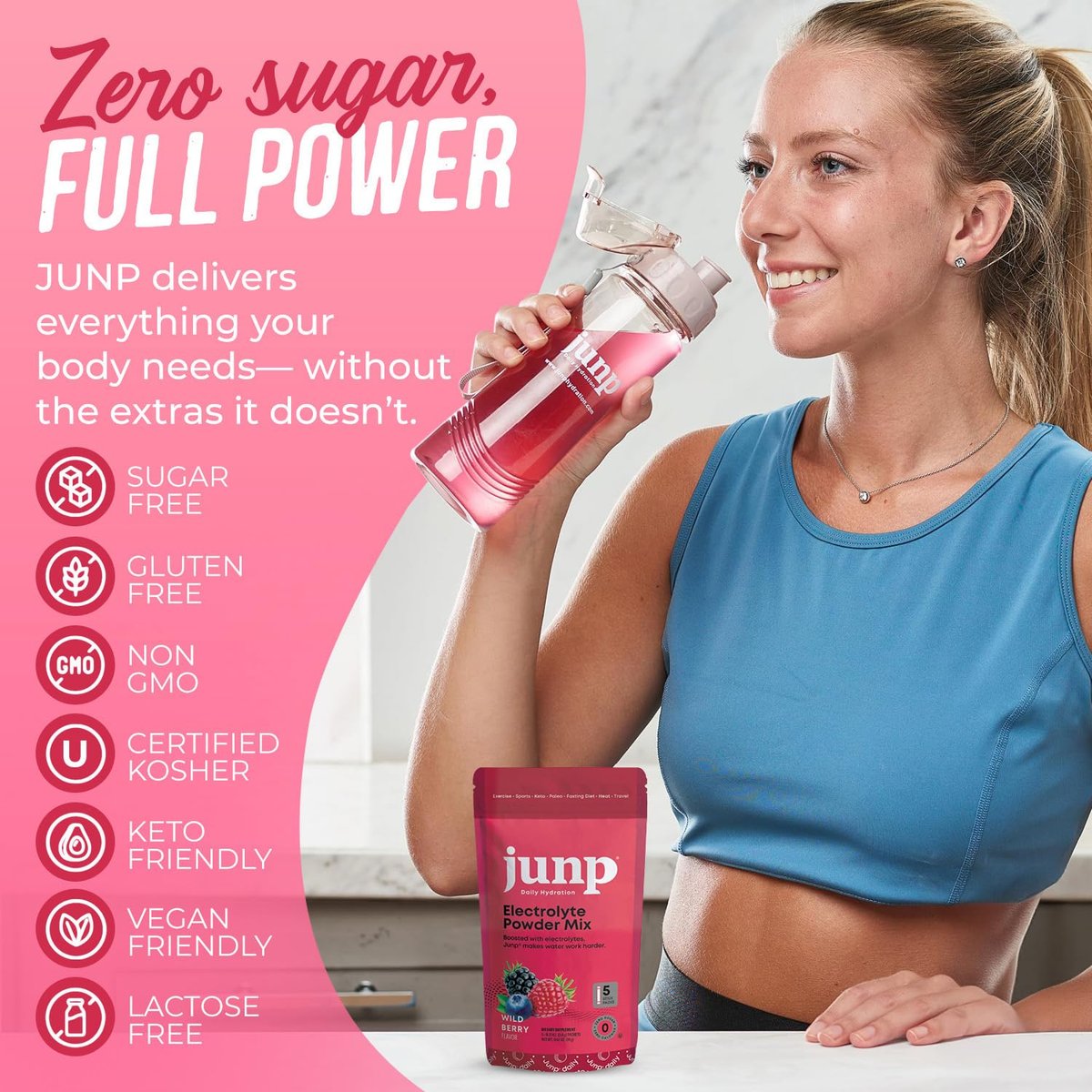 JUNP Zuckerfreie Elektrolyt-Pulver-Päckchen für Wasser – Sofortige Hydratation mit Salz & Kalium, Null Kalorien, Kein Zucker, Keto-freundlich, Wilde Beere, 5er-Pack