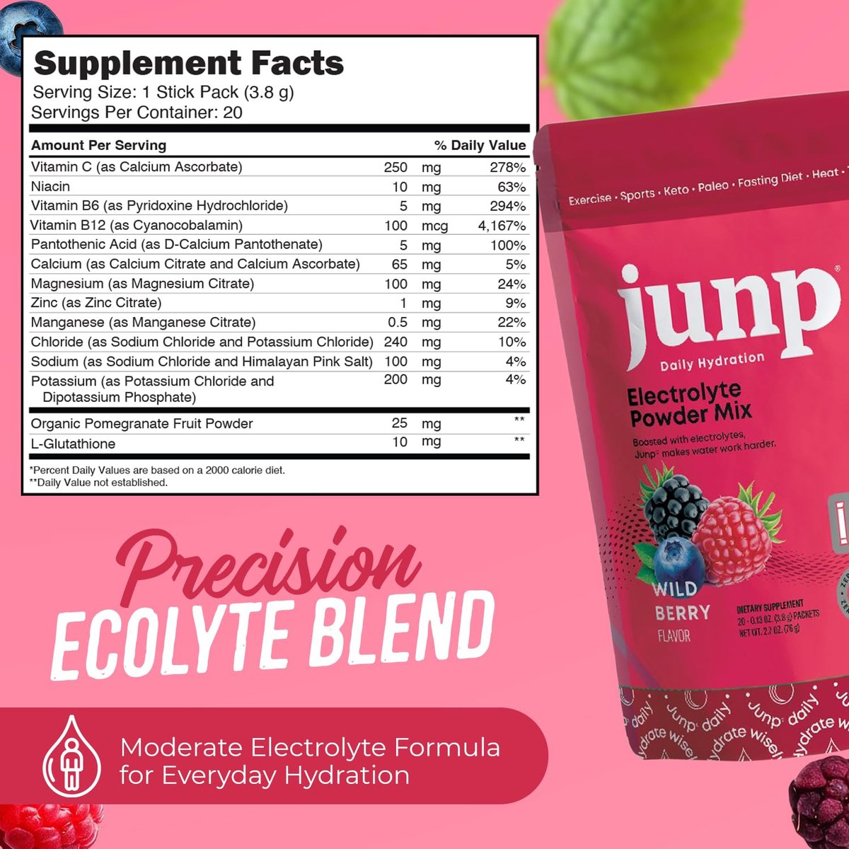 JUNP Zuckerfreie Elektrolyt-Pulver-Päckchen für Wasser – Sofortige Hydratation mit Salz & Kalium, Null Kalorien, Kein Zucker, Keto-freundlich, Wilde Beere, 5er-Pack