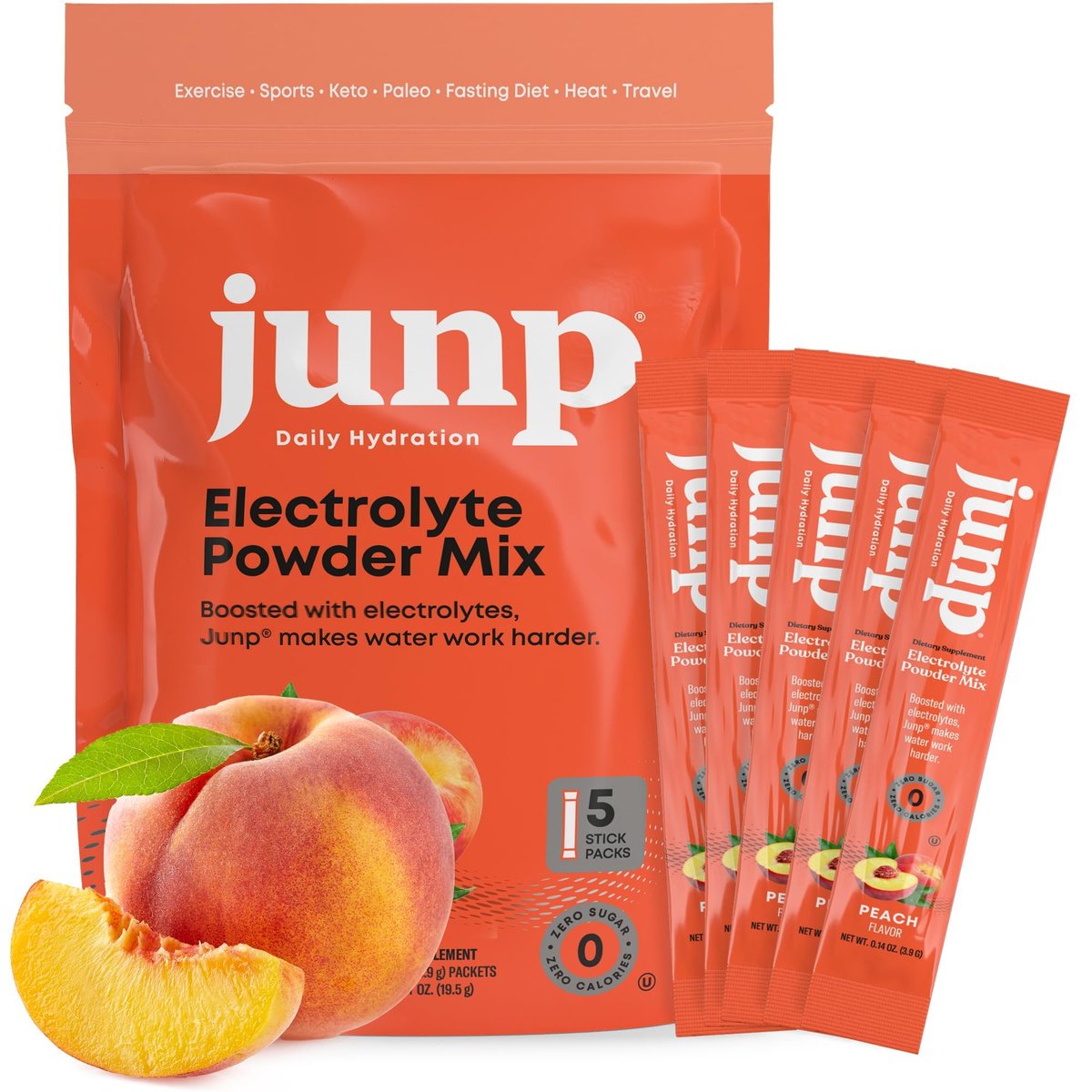 JUNP Zuckerfreie Elektrolyte Pulver Beutel für Wasser – Sofortige Hydratation mit Salz & Kalium, Null Kalorien, Keine Kohlenhydrate, Kein Zucker, Elektrolyt Getränk Mix Sticks, Keto Freundlich, Saftiger Pfirsich 5er Pack
