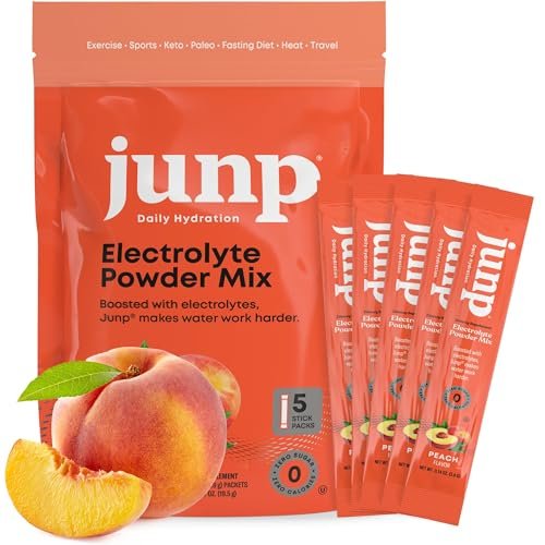 JUNP Zuckerfreie Elektrolyte Pulver Beutel für Wasser – Sofortige Hydratation mit Salz & Kalium, Null Kalorien, Keine Kohlenhydrate, Kein Zucker, Elektrolyt Getränk Mix Sticks, Keto Freundlich, Saftiger Pfirsich 5er Pack