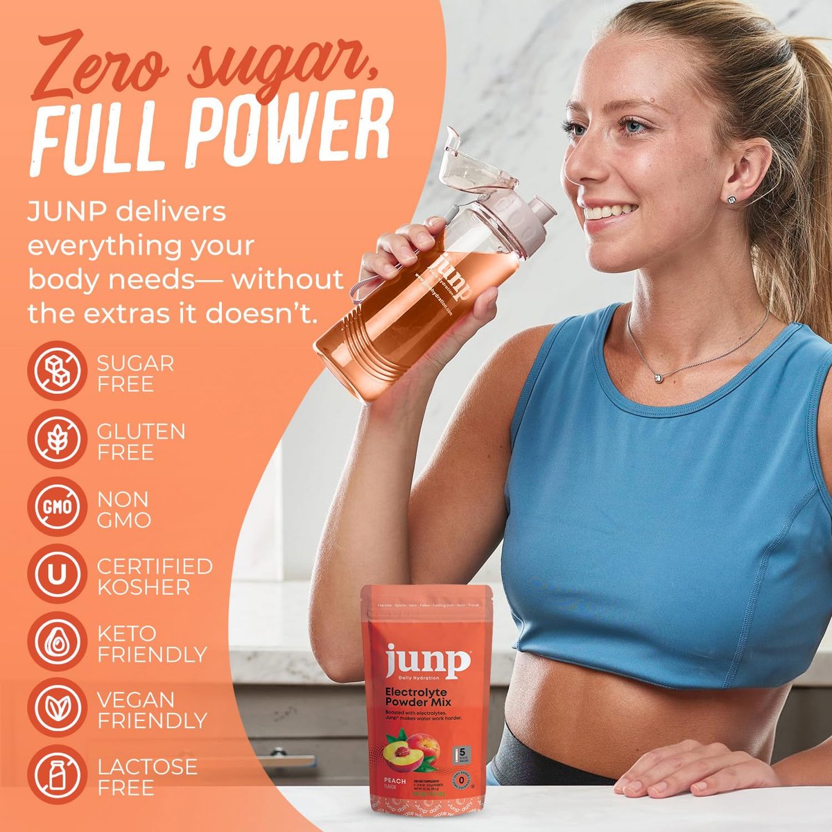 JUNP Zuckerfreie Elektrolyte Pulver Beutel für Wasser – Sofortige Hydratation mit Salz & Kalium, Null Kalorien, Keine Kohlenhydrate, Kein Zucker, Elektrolyt Getränk Mix Sticks, Keto Freundlich, Saftiger Pfirsich 5er Pack