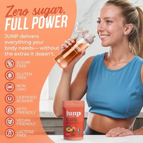 JUNP Zuckerfreie Elektrolyte Pulver Beutel für Wasser – Sofortige Hydratation mit Salz & Kalium, Null Kalorien, Keine Kohlenhydrate, Kein Zucker, Elektrolyt Getränk Mix Sticks, Keto Freundlich, Saftiger Pfirsich 5er Pack