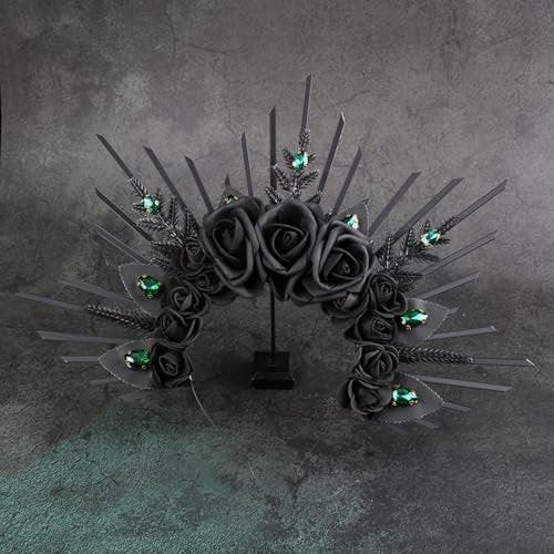 HANSAMU Halo Stirnband Schwarze Rosen – Krone mit Kristallen & Spikes für Halloween, mexikanisches & Renaissance-Cosplay