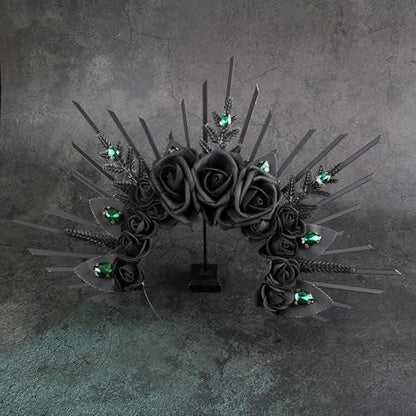 HANSAMU Halo Stirnband Schwarze Rosen – Krone mit Kristallen & Spikes für Halloween, mexikanisches & Renaissance-Cosplay