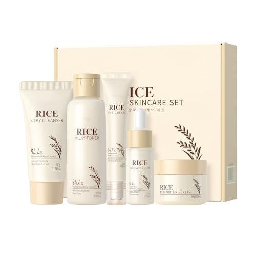 Feuchtigkeitsspendendes Koreanisches Reis-Hautpflegeset – 5-Schritte-Routine für strahlende Haut mit Reis-Reiniger, Toner, Serum, Gesichtscreme, Augencreme, Hyaluronsäure & Ceramiden für alle Hauttypen