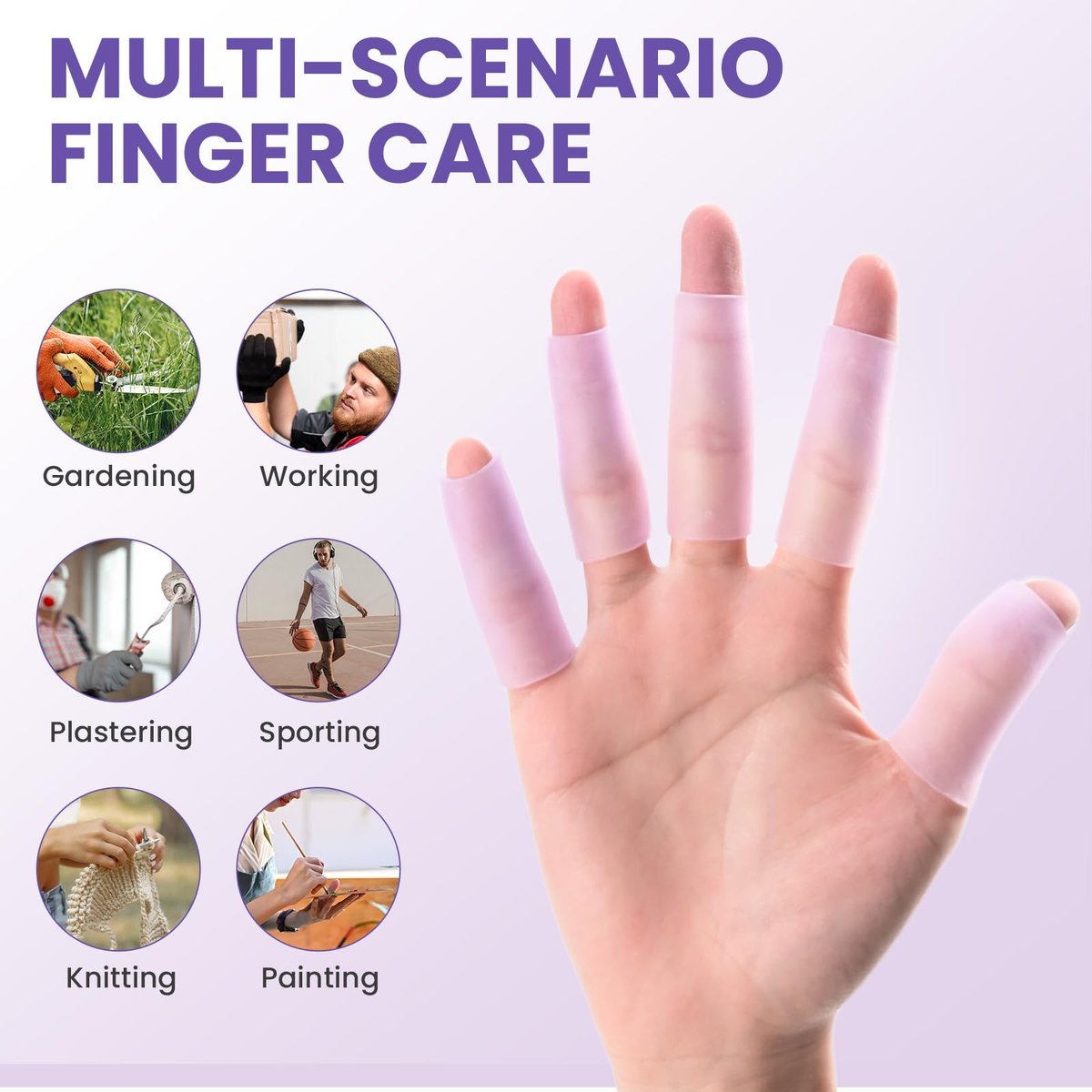 Kimihome 20 Stück Gel-Fingerschutz-Hüllen – Silikon-Fingerhüllen mit Lavendelextrakt – Fingerkuppen-Bandagen zur Linderung von Fingerspringen, Hühneraugen, Blasen und Hornhaut (Lila)