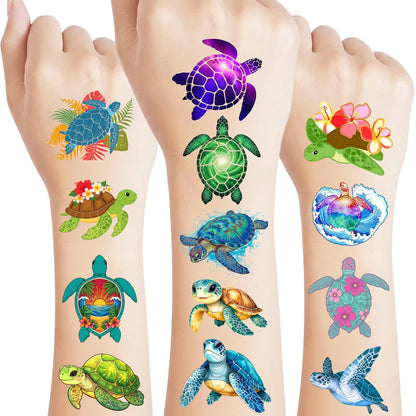 Schildkröte temporäre Tattoos | Unter dem Meer Motto Schildkröten Geburtstagsparty Dekorationen Partygeschenke Zubehör Aufkleber Ozean Thema Geschenkidee für Kinder Jungen Mädchen Teen Erwachsene 60 Stück 4 Blätter vorgestanzt