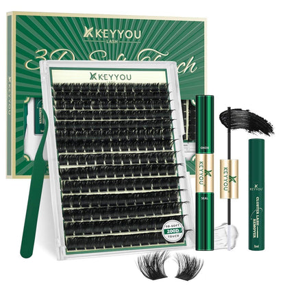 KEYYOU Lash Clusters Kit 3D-Effekt – 182 Stück Wimpernclusters 200D D-Curl 9-18MIX Wispy Lashes Volumen-Cluster DIY Wimpernverlängerungsset