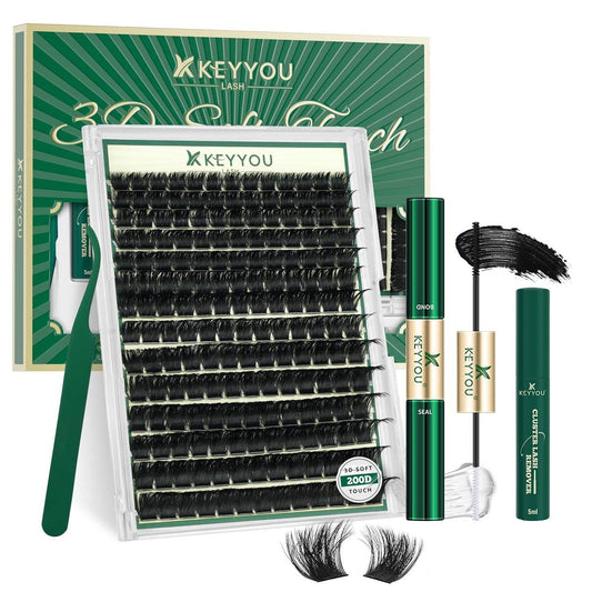 KEYYOU Lash Clusters Kit 3D-Effekt – 182 Stück Wimpernclusters 200D D-Curl 9-18MIX Wispy Lashes Volumen-Cluster DIY Wimpernverlängerungsset