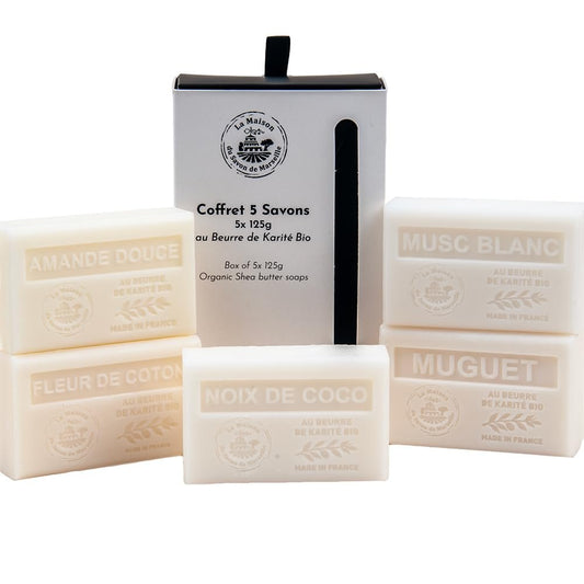 La Maison du Savon de Marseille - Französische Seifen - Bio Sheabutter Hautpflege Geschenkset - Weiße Kollektion - Süßmandel - Baumwollblüte - Maiglöckchen - Weißer Moschus - Kokosnuss - 5 x 125g Riegel