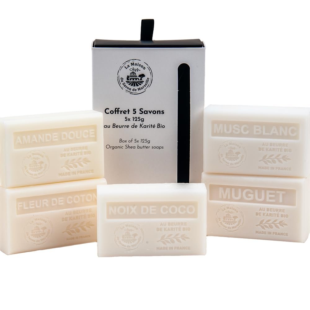 La Maison du Savon de Marseille - Französische Seifen - Bio Sheabutter Hautpflege Geschenkset - Weiße Kollektion - Süßmandel - Baumwollblüte - Maiglöckchen - Weißer Moschus - Kokosnuss - 5 x 125g Riegel