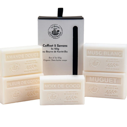 La Maison du Savon de Marseille - Französische Seifen - Bio Sheabutter Hautpflege Geschenkset - Weiße Kollektion - Süßmandel - Baumwollblüte - Maiglöckchen - Weißer Moschus - Kokosnuss - 5 x 125g Riegel