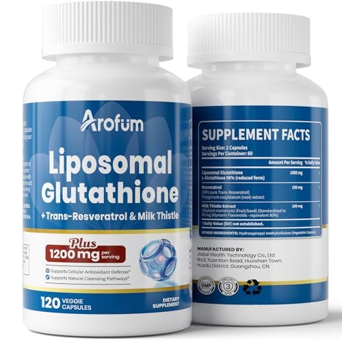 Arofum Liposomales Glutathion 1000mg mit Resveratrol & Mariendistel | Hochabsorbierendes reduziertes Glutathion liposomales Nahrungsergänzungsmittel | 120 vegane Kapseln für Hautgesundheit, Immun- & Leberunterstützung