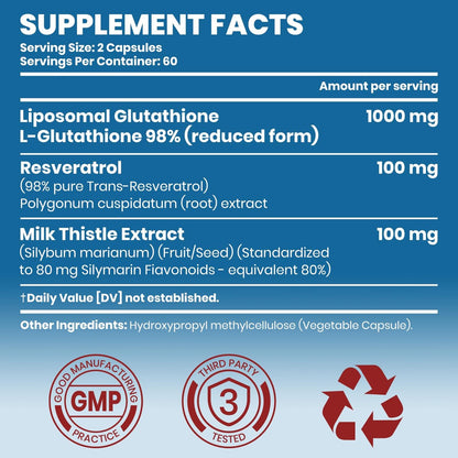 Arofum Liposomales Glutathion 1000mg mit Resveratrol & Mariendistel | Hochabsorbierendes reduziertes Glutathion liposomales Nahrungsergänzungsmittel | 120 vegane Kapseln für Hautgesundheit, Immun- & Leberunterstützung