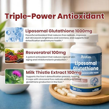 Arofum Liposomales Glutathion 1000mg mit Resveratrol & Mariendistel | Hochabsorbierendes reduziertes Glutathion liposomales Nahrungsergänzungsmittel | 120 vegane Kapseln für Hautgesundheit, Immun- & Leberunterstützung