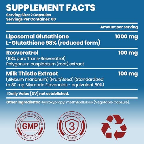 Arofum Liposomales Glutathion 1000mg mit Resveratrol & Mariendistel | Hochabsorbierendes reduziertes Glutathion liposomales Nahrungsergänzungsmittel | 120 vegane Kapseln für Hautgesundheit, Immun- & Leberunterstützung