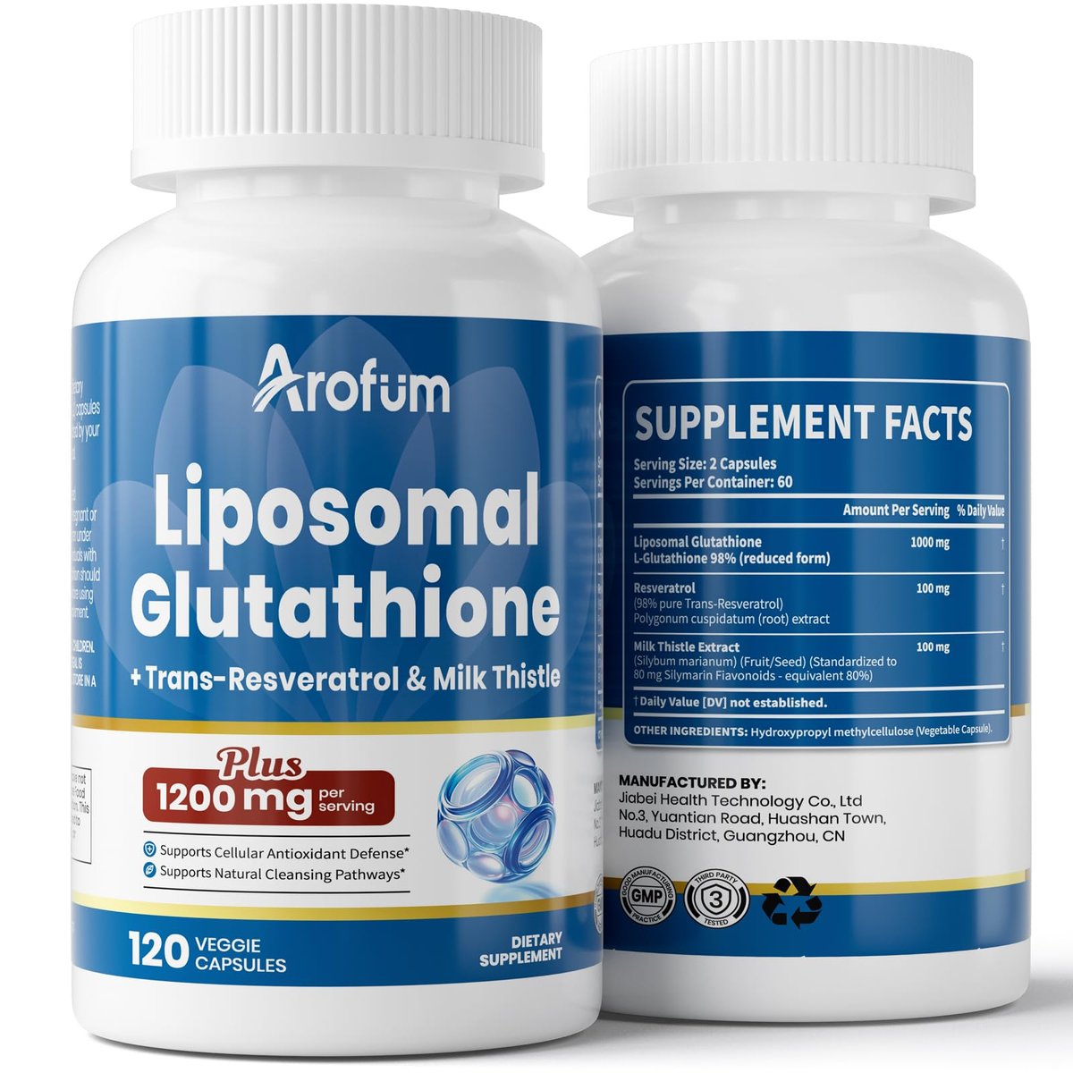 Arofum Liposomales Glutathion 1000mg mit Resveratrol & Mariendistel | Hochabsorbierendes reduziertes Glutathion liposomales Nahrungsergänzungsmittel | 120 vegane Kapseln für Hautgesundheit, Immun- & Leberunterstützung