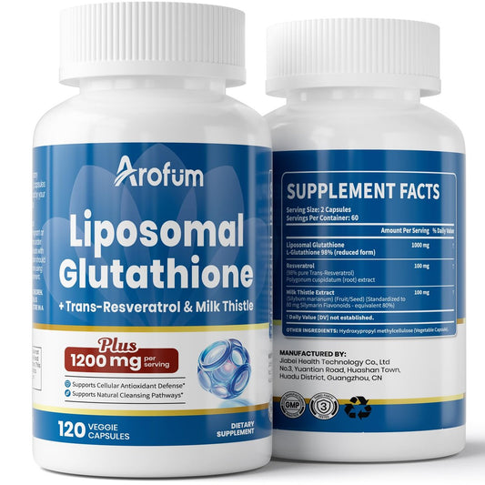 Arofum Liposomales Glutathion 1000mg mit Resveratrol & Mariendistel | Hochabsorbierendes reduziertes Glutathion liposomales Nahrungsergänzungsmittel | 120 vegane Kapseln für Hautgesundheit, Immun- & Leberunterstützung
