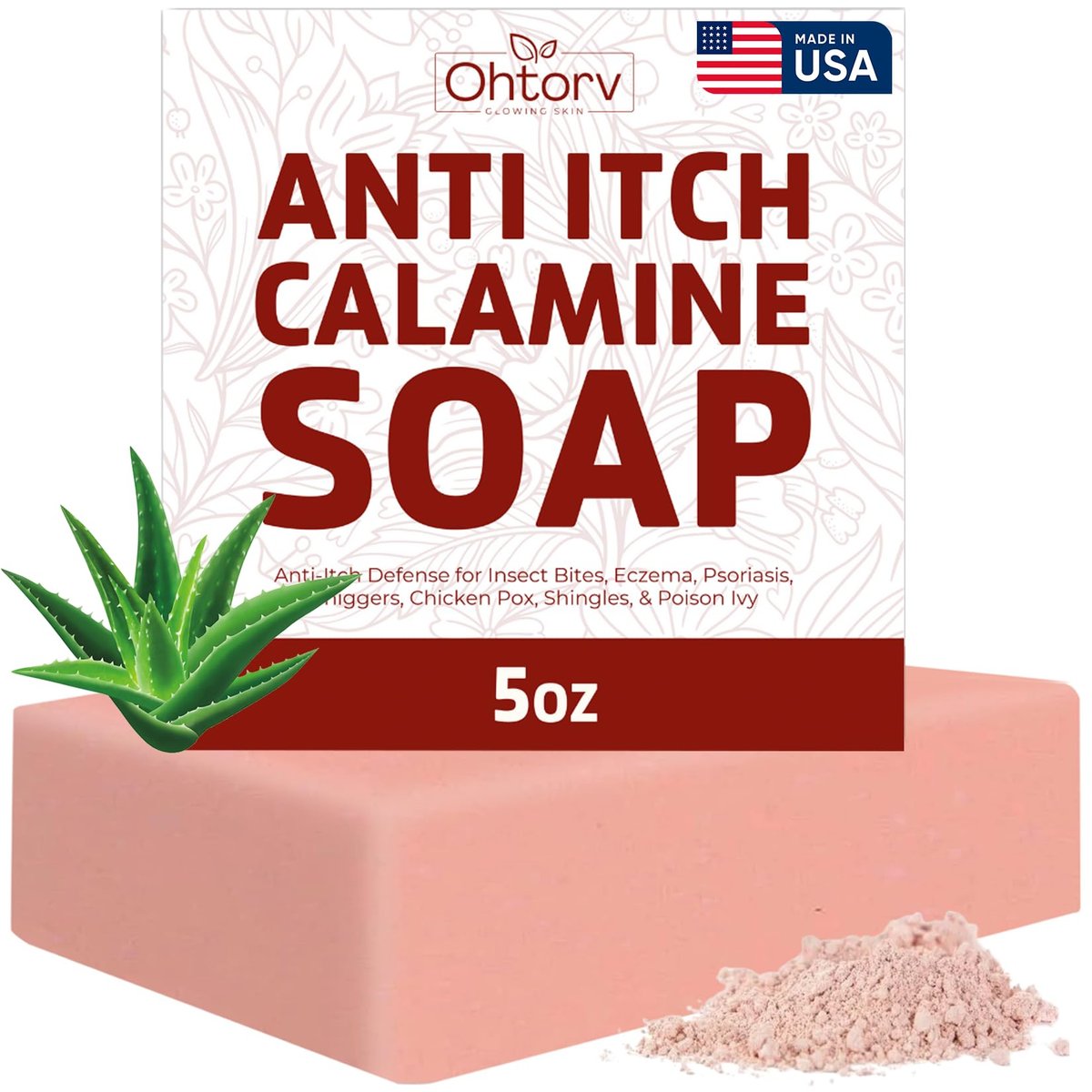 Calamine Seife Bar – 100% Natürliche & Sofortige Juckreizlinderung – Beruhigende Calamine Seife für juckende Haut, Insektenstiche, Ekzeme, Giftefeu Ausschlag, Windpocken – Reiner Anti-Juckreiz Körperreiniger Hergestellt in USA – Großer 5oz Riegel