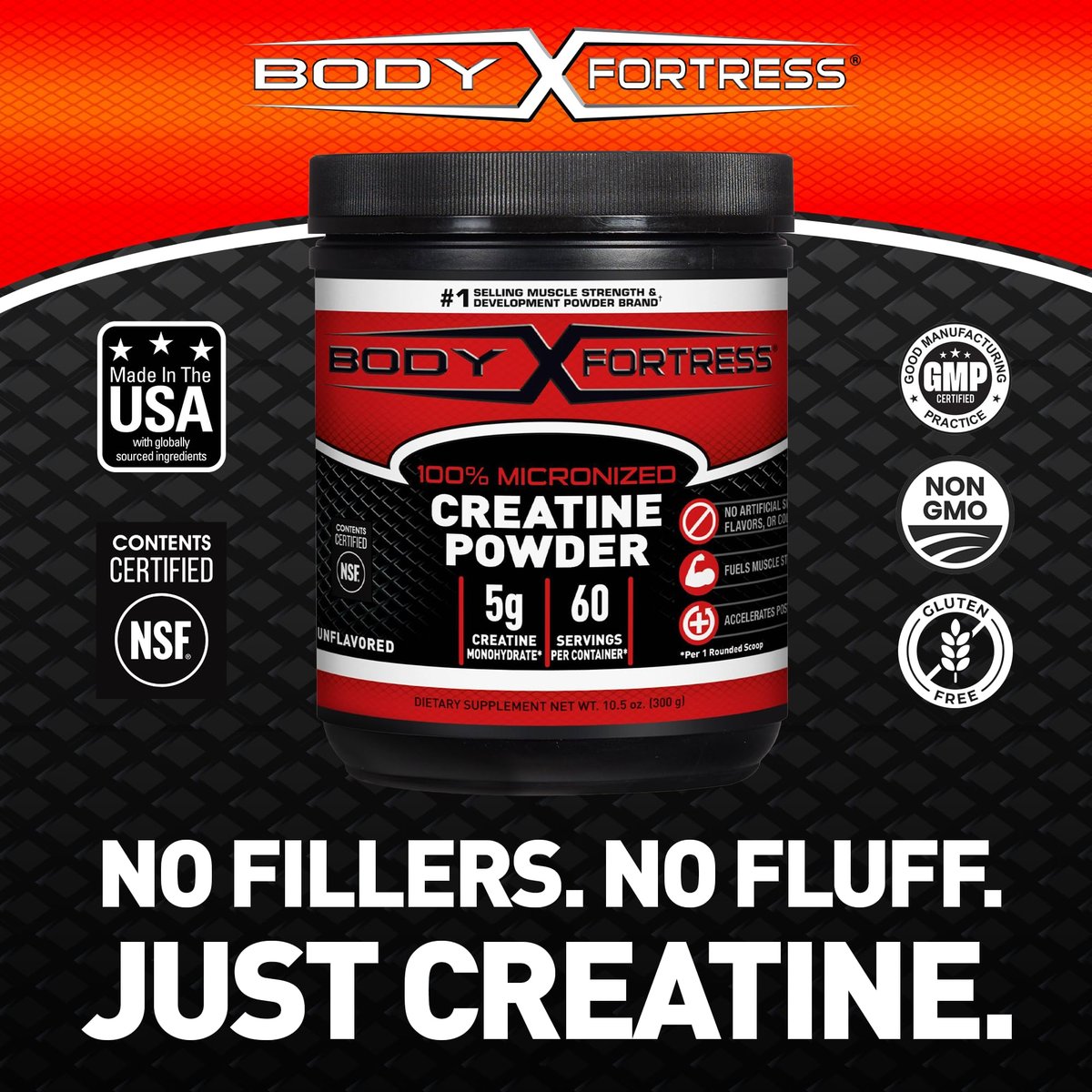 Body Fortress 100% Kreatin Monohydrat Pulver – ungesüßt, mikronisiertes Kreatin für Muskelaufbau, Kraft & Erholung – 5 g pro Portion – 10,5 Unzen
